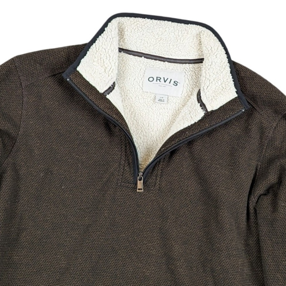 Orvis Mens Large Brown Textured Sherpa Lined 1/4 Zip Fleece Pullover‎ Sweater